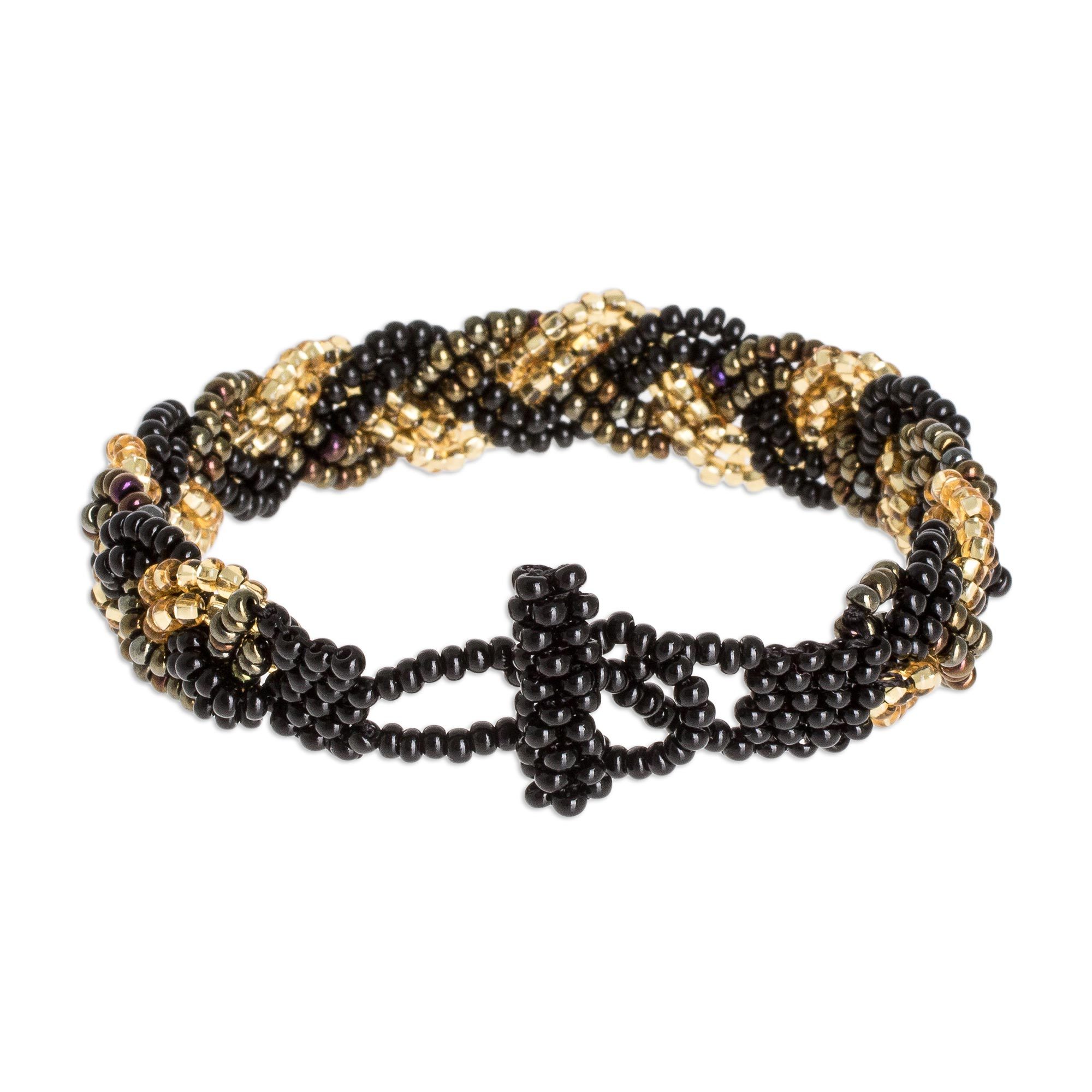 Black and Gold Beaded Bracelet Braided Black and Gold NOVICA