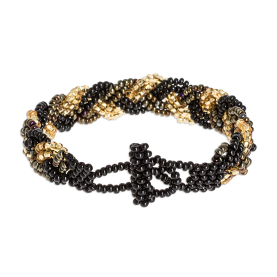 Beaded wristband bracelet, 'Braided Black and Gold' - Black and Gold Beaded Bracelet