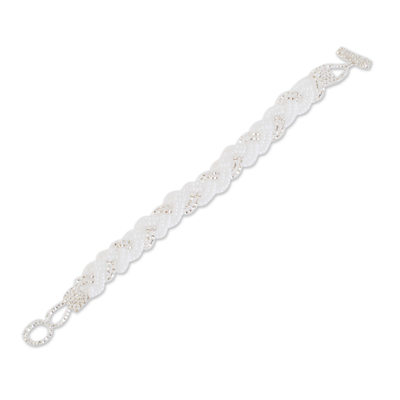 Beaded wristband bracelet, 'Braided White' - Braided White and Clear Bead Bracelet