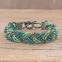 Beaded wristband bracelet, 'Braided Green' - Green Bead Braided Bracelet