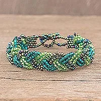 Beaded wristband bracelet, 'Braided Green' - Green Bead Braided Bracelet