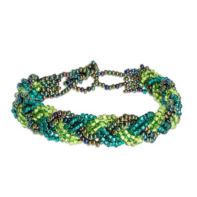 Beaded wristband bracelet, 'Braided Green' - Green Bead Braided Bracelet