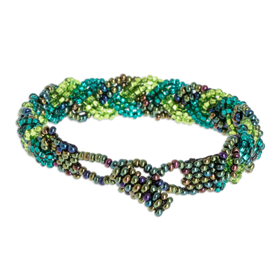 Perlenarmband, 'Braided Green' - Grünes geflochtenes Armband mit Perlen