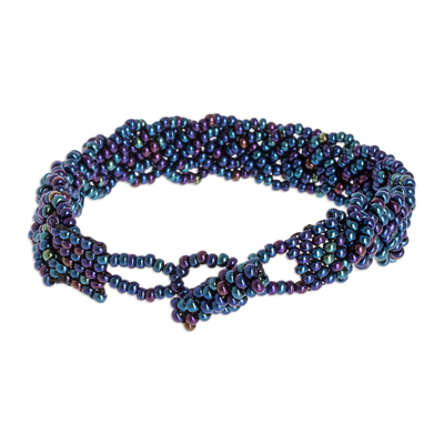 Beaded wristband bracelet, 'Braided Peacock' - Iridescent Beaded Bracelet