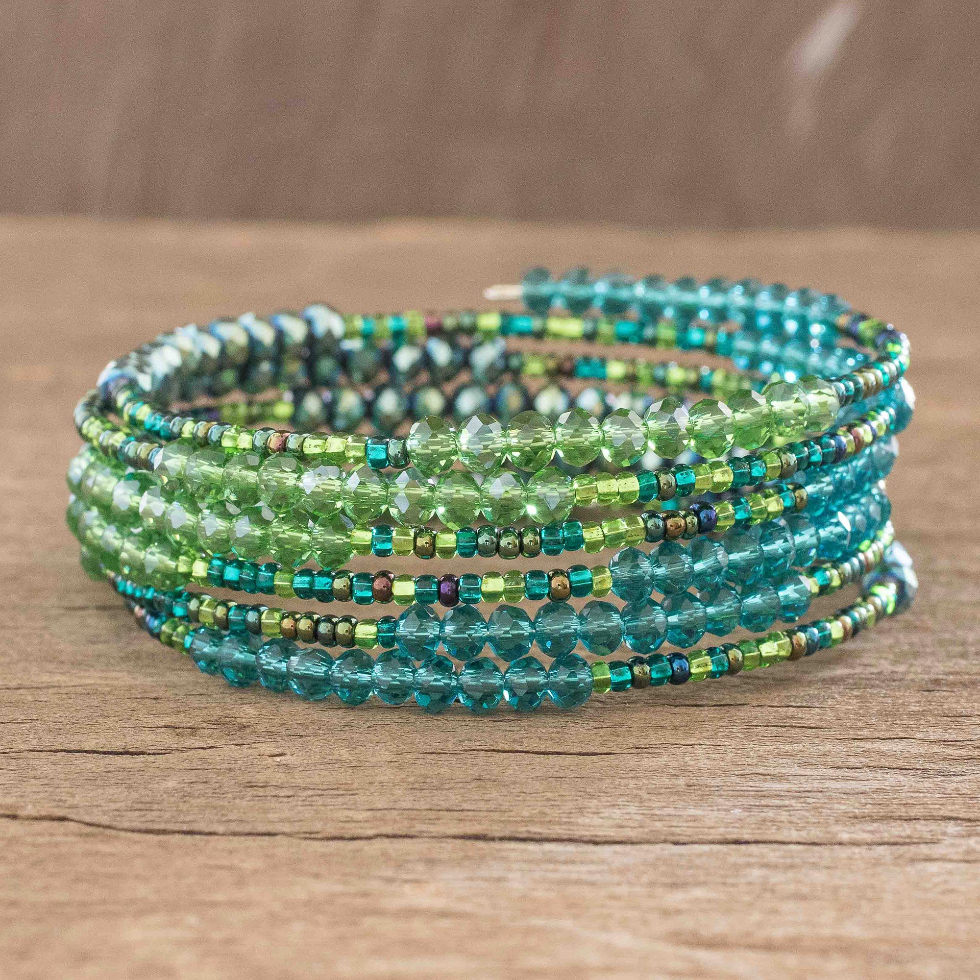 Minimalist Tiny Seed Bead Green Bracelet Long Boho Beaded 