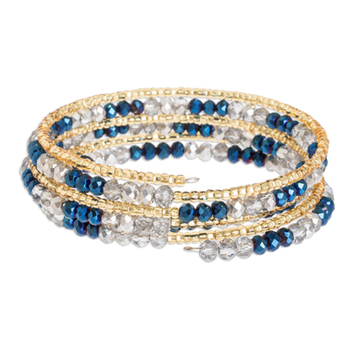 Beaded wrap bracelet, 'Sunlight and Sea' - Beaded Wrap Bracelet in Blue and Gold