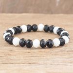 Beaded stretch bracelet, 'Contrast Colors' - Black and White Handcrafted Beaded Bracelet from Guatemala