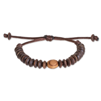 Wood beaded bracelet, 'Natural Pine' - Brown Pinewood Bead Adjustable Bracelet from Guatemala