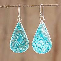 Recycled CD dangle earrings, 'Aqua Drops' - Guatemalan Eco-Friendly Recycled CD Earrings