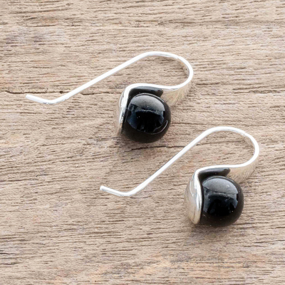 Jade drop earrings, 'Abstract Essence' - Hand Crafted Black Jade Drop Earrings from Guatemala