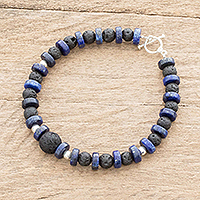 Lapis lazuli and volcanic stone beaded bracelet, 'Water Volcano'