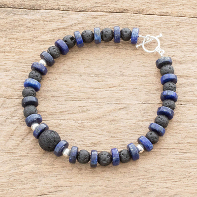 Lapis lazuli and volcanic stone beaded bracelet, Water Volcano