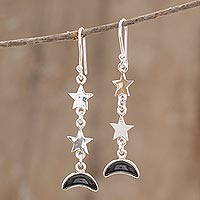 Jade dangle earrings, 'Starry Nights in Black' - Black Jade Star and Moon Dangle Earrings from Guatemala