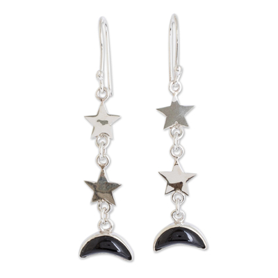 Jade dangle earrings, 'Starry Nights in Black' - Black Jade Star and Moon Dangle Earrings from Guatemala