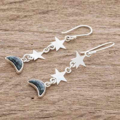 Jade dangle earrings, 'Starry Nights in Deep Green' - Deep Green Jade Star and Moon Dangle Earrings from Guatemala