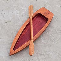 Wood sculpture, 'Rivers of Costa Rica in Red' (9 inch) - Hand Carved Wood Canoe Sculpture (9 inch)