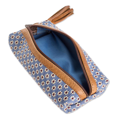 Leather-accented cotton pencil case, 'Blue Ditsy' - Blue Floral Pencil Case