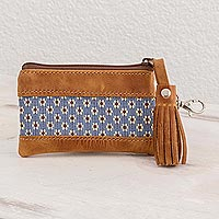 Leather-accented cotton card case, 'Blue Ditsy' - Leather-Trimmed Card Case