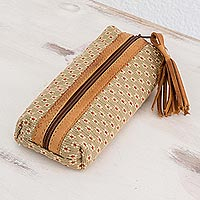 Leather-accented cotton pencil case, 'Spring Ditsy' - Floral Pattern Leather-Accented Pencil Case
