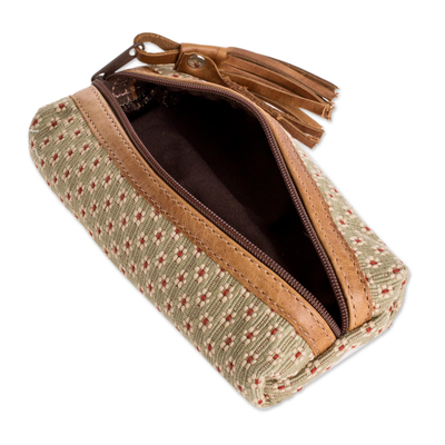 Leather-accented cotton pencil case, 'Spring Ditsy' - Floral Pattern Leather-Accented Pencil Case