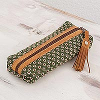 Leather-accented cotton pencil case, 'Green Ditsy' - Green Floral Pencil Case