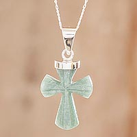 Jade pendant necklace, 'Penitent Cross in Apple Green' - Light Green Jade Cross Pendant Necklace from Guatemala