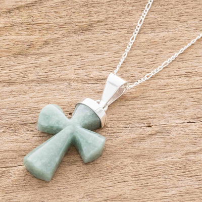 Jade pendant necklace, 'Penitent Cross in Apple Green' - Light Green Jade Cross Pendant Necklace from Guatemala