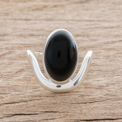 Jade cocktail ring, 'Connection to the Earth' - Oval Black Jade Cocktail Ring from Guatemala