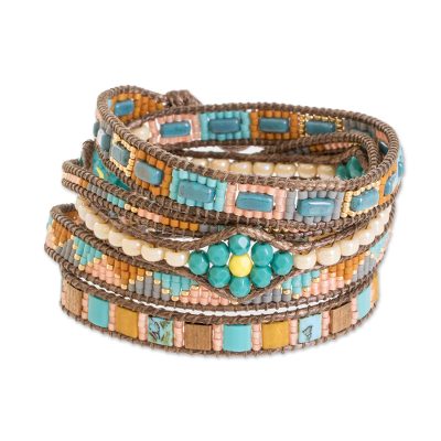 Glass beaded wrap bracelet, 'Las Flores' - Aqua & Earthtone Glass Bead Wrap Bracelet from Guatemala