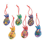 Ceramic ornaments, 'Rainbow Cats' (Set of 6) - Set of 6 Terracotta Hanging Cat Ornaments From Guatemala