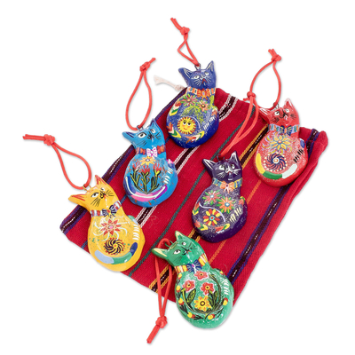 Ceramic ornaments, 'Rainbow Cats' (Set of 6) - Set of 6 Terracotta Hanging Cat Ornaments From Guatemala