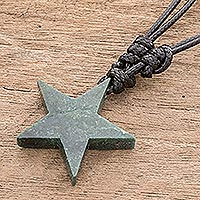 Jade pendant necklace, 'Maya Star in Dark Green' - Star Pendant Necklace with Jade