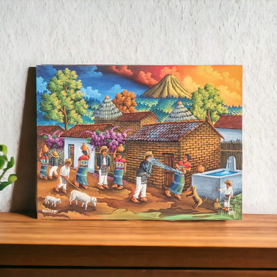 'Courting' - Colorida pintura al óleo de un pequeño pueblo maya guatemalteco