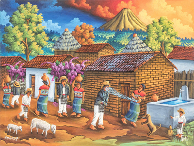 'Courting' - Colorful Oil Painting of a Small Guatemalan Maya Town