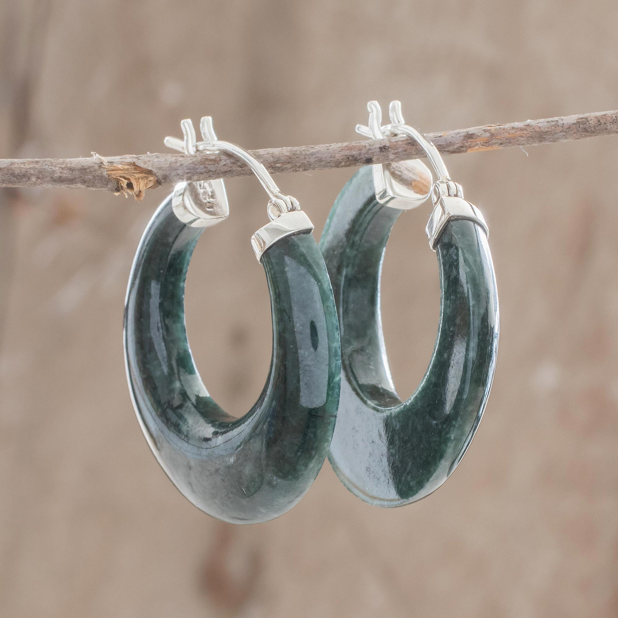 Green Jade and Sterling Silver Hoop Earrings from Guatemala, 'Woodland  Spirit'