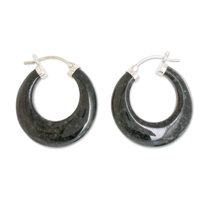 Jade hoop earrings, 'Woodland Spirit' - Green Jade and Sterling Silver Hoop Earrings from Guatemala