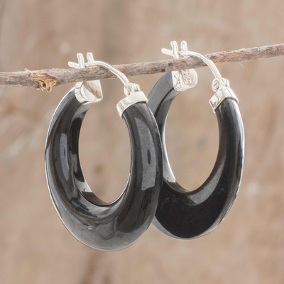 Jade hoop earrings, 'Volcanic Energy' - Black Jade and Sterling Silver Hoop Earrings from Guatemala