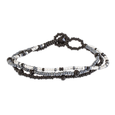 Glass Bead Strand Bracelet in Black and Grey from Guatemala