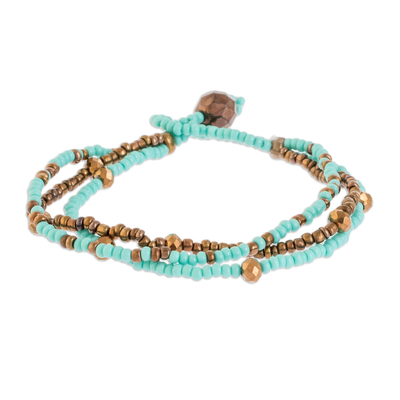 Glass Bead Strand Bracelet in Aqua and Gold from Guatemala