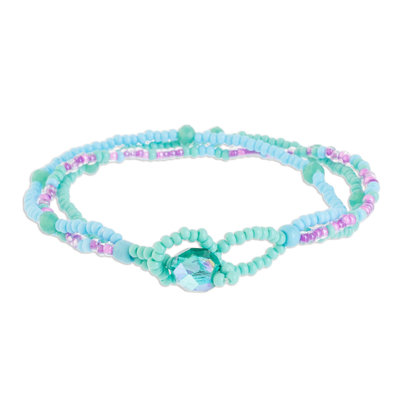 Glass bead bracelet, 'Lines in Turquoise' - Glass Bead Strand Bracelet in Aqua and Lilac from Guatemala