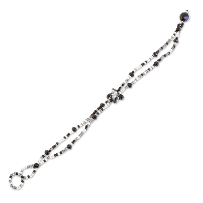 Glass beaded bracelet, 'Interlaced in Black' - Braided Glass Bead Bracelet in Black from Guatemala