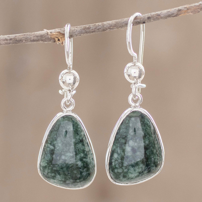 Jade dangle earrings, 'Asymmetry in Green' - 925 Sterling Silver Dark Green Jade Earrings from Guatemala