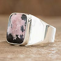 Men's rhodonite single stone ring, 'Virtue in Pink'