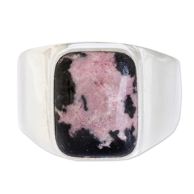Men's rhodonite single stone ring, 'Virtue in Pink' - Rhodonite Men's Statement Ring from Guatemala