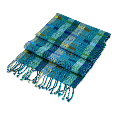 Hand woven cotton scarf, 'Fresh Lagoon' - Hand Loomed Blue and Green Cotton Scarf