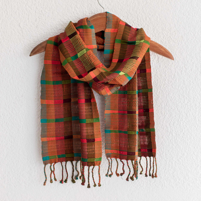 Cotton scarf, 'Autumn Spice' - Artisan Crafted Cotton Scarf with Fringe