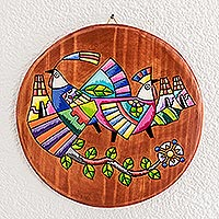 Decorative wood plaque, 'Country Birds' (13 inch) - Artisan Crafted Wood Wall Accent (13 Inch)