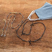 Beaded face mask lanyards, 'Inspiration in Black and Gold' (pair) - Black and Gold Face Mask Lanyards (Set of 2) from Guatemala