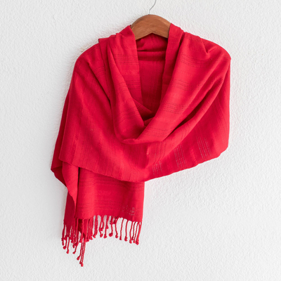 Cotton shawl, 'Candy Apple' - Fringed Red Cotton Shawl