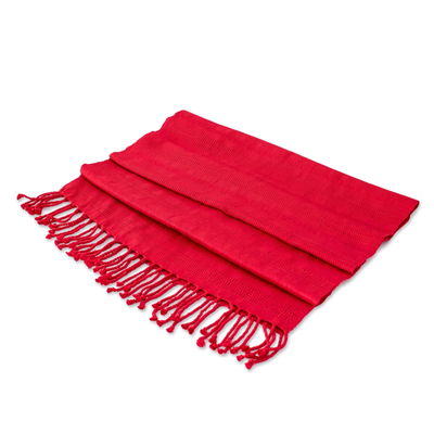Chal de algodón - Mantón de algodón rojo con flecos